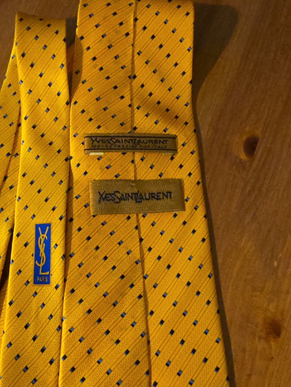 Yves Saint Laurent Yellow Tie with Blue Dot Accents